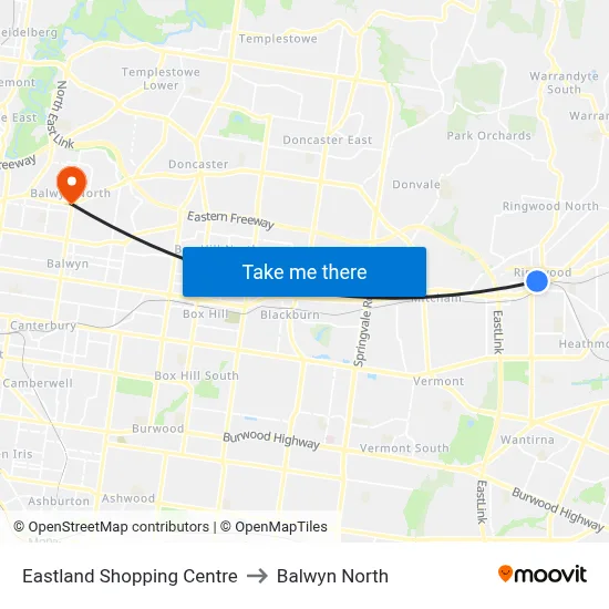 Eastland Shopping Centre to Balwyn North map