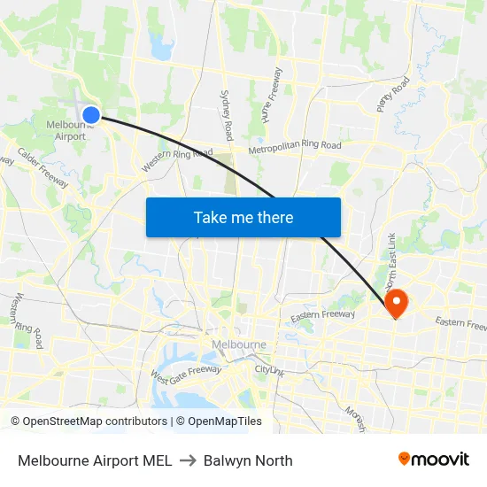 Melbourne Airport MEL to Balwyn North map