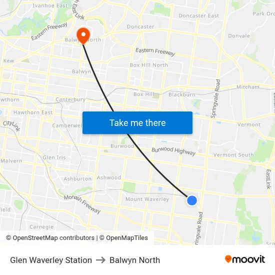 Glen Waverley Station to Balwyn North map