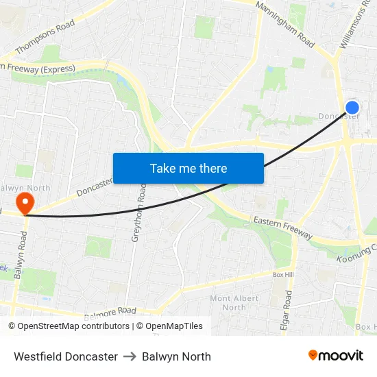 Westfield Doncaster to Balwyn North map