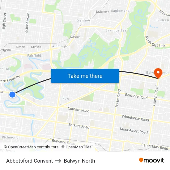 Abbotsford Convent to Balwyn North map