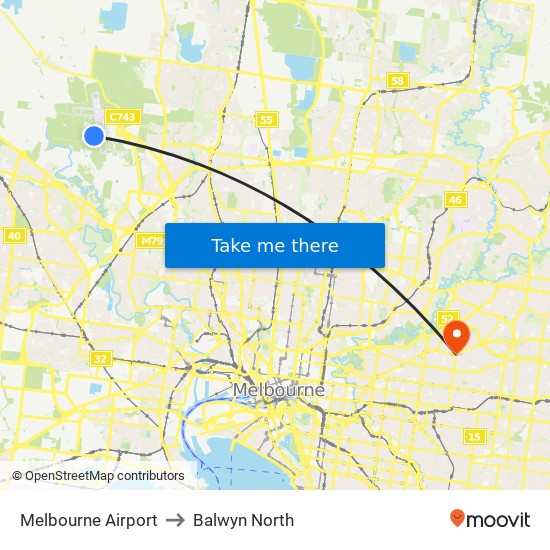Melbourne Airport to Balwyn North map