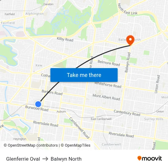 Glenferrie Oval to Balwyn North map