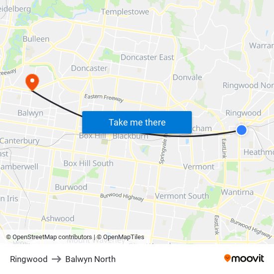 Ringwood to Balwyn North map