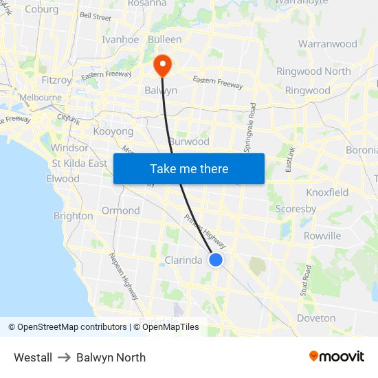 Westall to Balwyn North map