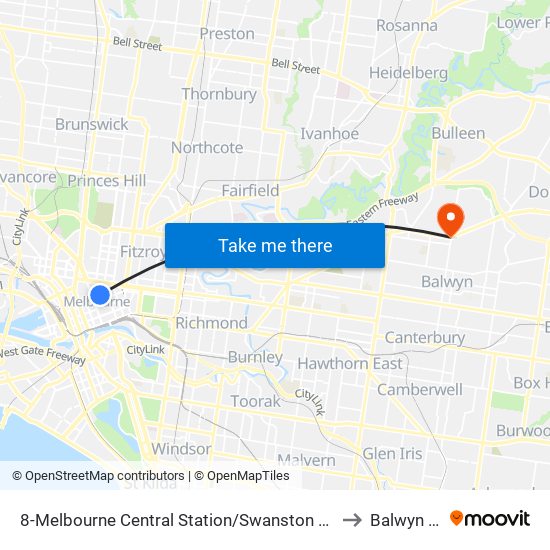8-Melbourne Central Station/Swanston St (Melbourne City) to Balwyn North map