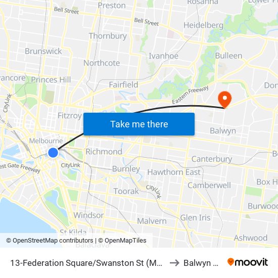 13-Federation Square/Swanston St (Melbourne City) to Balwyn North map