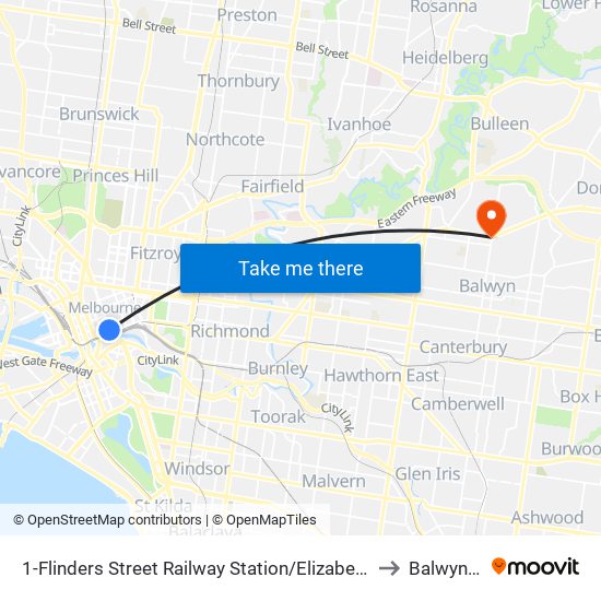 1-Flinders Street Railway Station/Elizabeth St (Melbourne City) to Balwyn North map