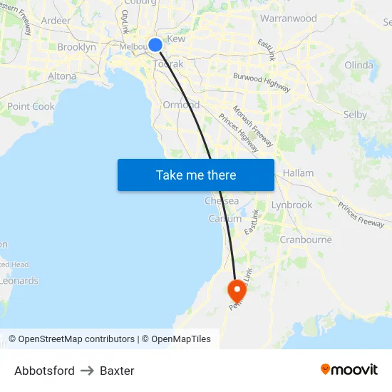 Abbotsford to Baxter map