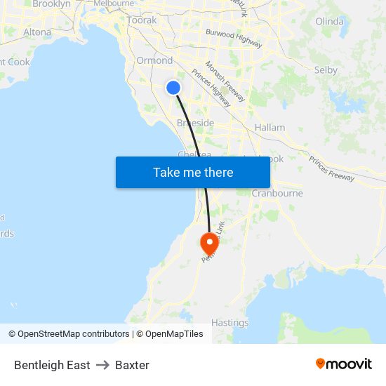 Bentleigh East to Baxter map