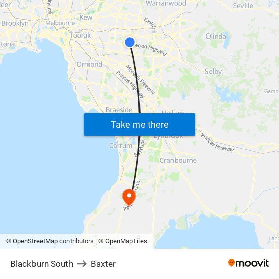 Blackburn South to Baxter map