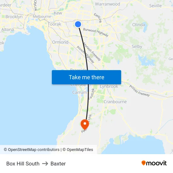 Box Hill South to Baxter map