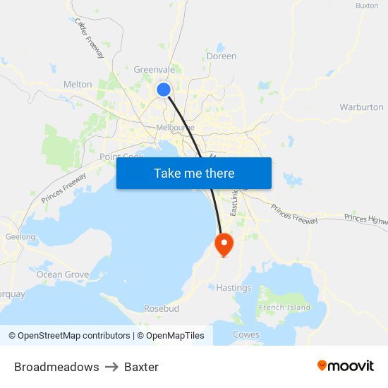Broadmeadows to Baxter map