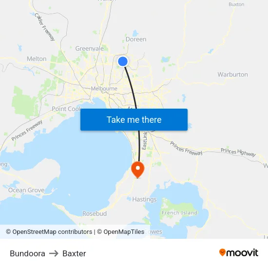 Bundoora to Baxter map