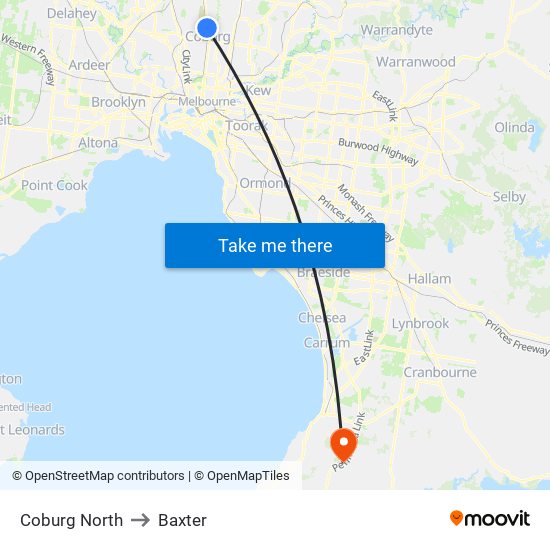 Coburg North to Baxter map