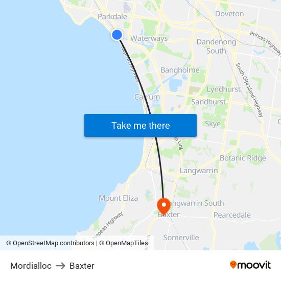 Mordialloc to Baxter map