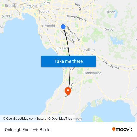 Oakleigh East to Baxter map