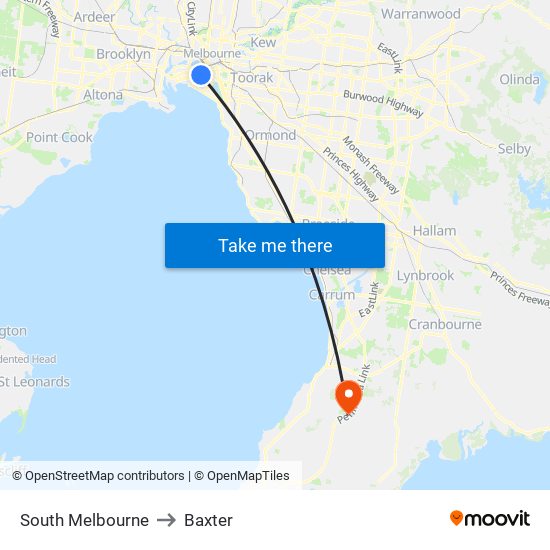South Melbourne to Baxter map