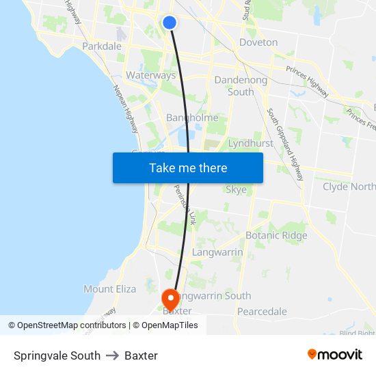 Springvale South to Baxter map