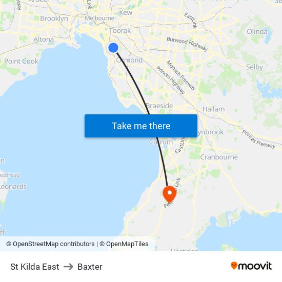 St Kilda East to Baxter map