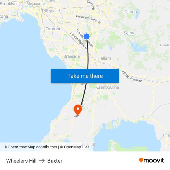 Wheelers Hill to Baxter map