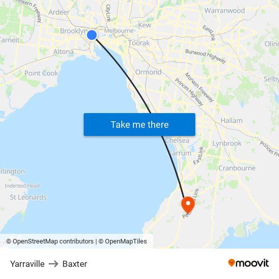 Yarraville to Baxter map