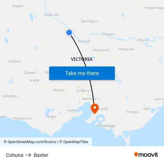 Cohuna to Baxter map