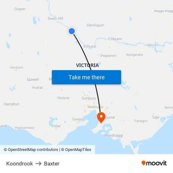 Koondrook to Baxter map