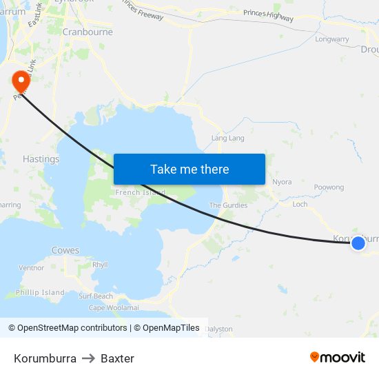 Korumburra to Baxter map