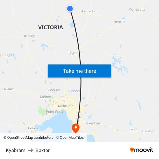 Kyabram to Baxter map