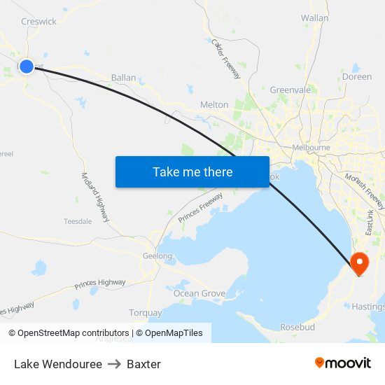 Lake Wendouree to Baxter map