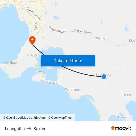 Leongatha to Baxter map