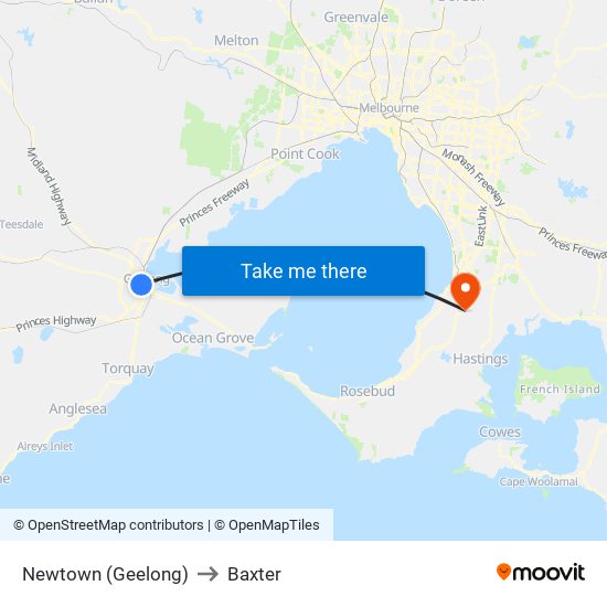 Newtown (Geelong) to Baxter map