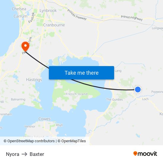Nyora to Baxter map
