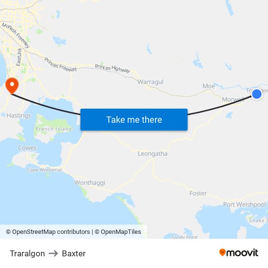 Traralgon to Baxter map