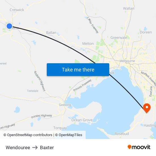 Wendouree to Baxter map