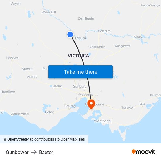 Gunbower to Baxter map