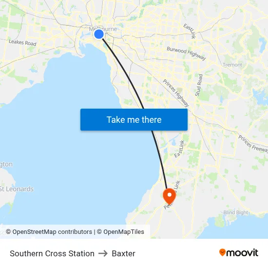 Southern Cross Station to Baxter map
