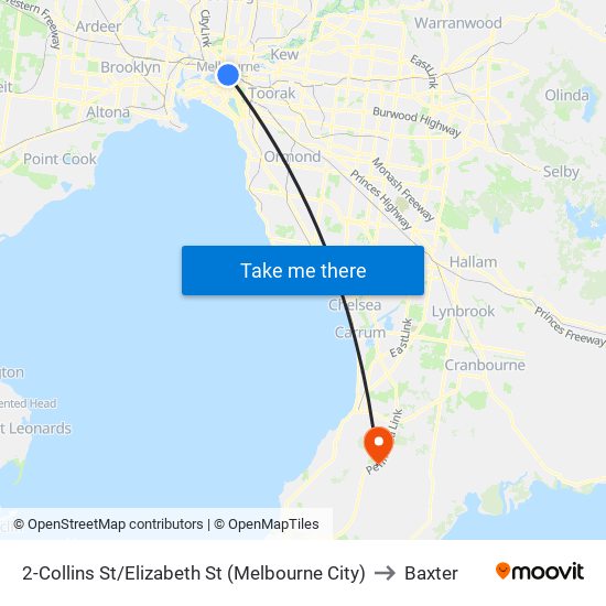 2-Collins St/Elizabeth St (Melbourne City) to Baxter map