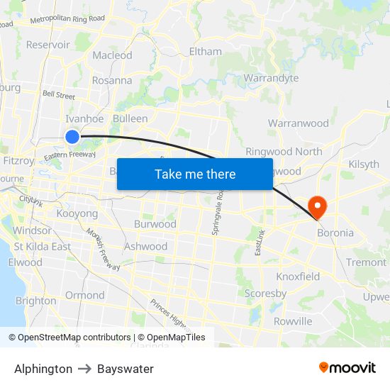 Alphington to Bayswater map