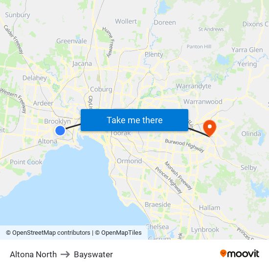 Altona North to Bayswater map