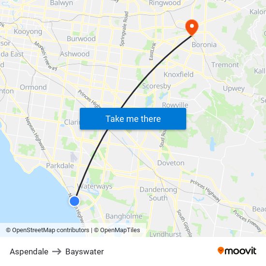 Aspendale to Bayswater map