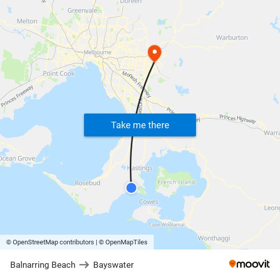 Balnarring Beach to Bayswater map