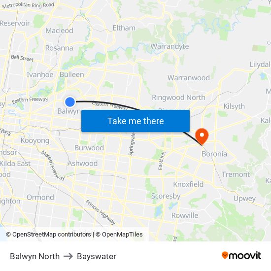 Balwyn North to Bayswater map