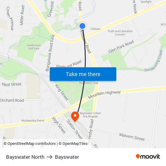 Bayswater North to Bayswater map