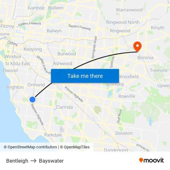 Bentleigh to Bayswater map