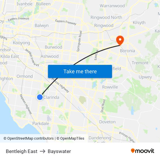 Bentleigh East to Bayswater map