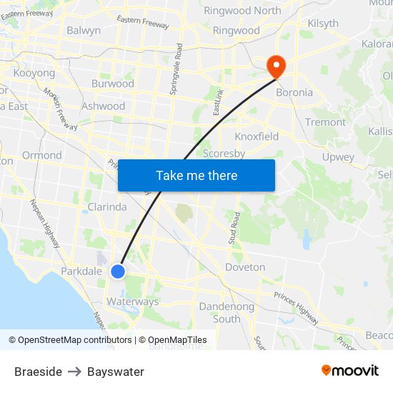 Braeside to Bayswater map