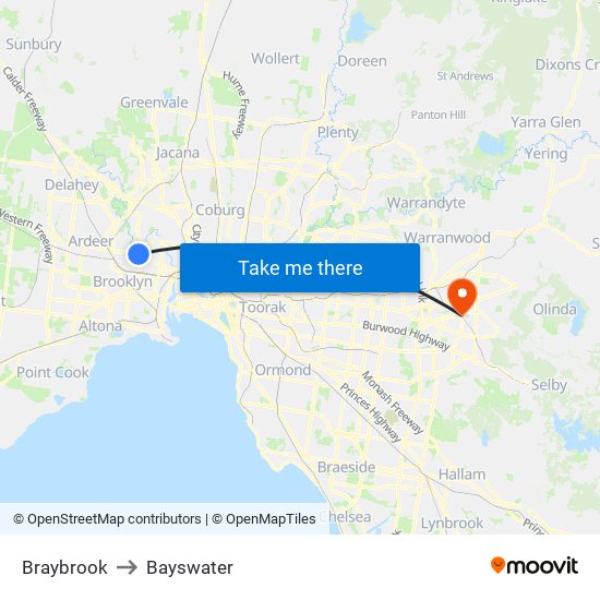 Braybrook to Bayswater map