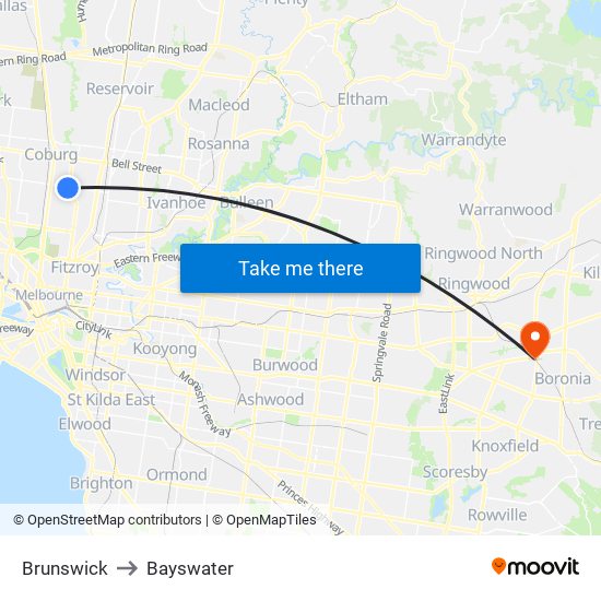 Brunswick to Bayswater map